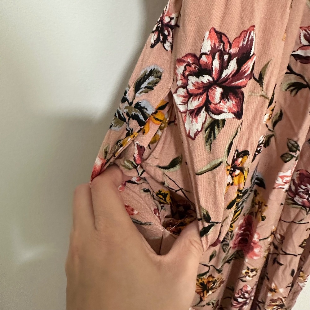 Band of Gypsies | Woman's Floral Pink Wide Leg Flutter Sleeve Wrap Jumpsuit, L - Picture 4 of 7